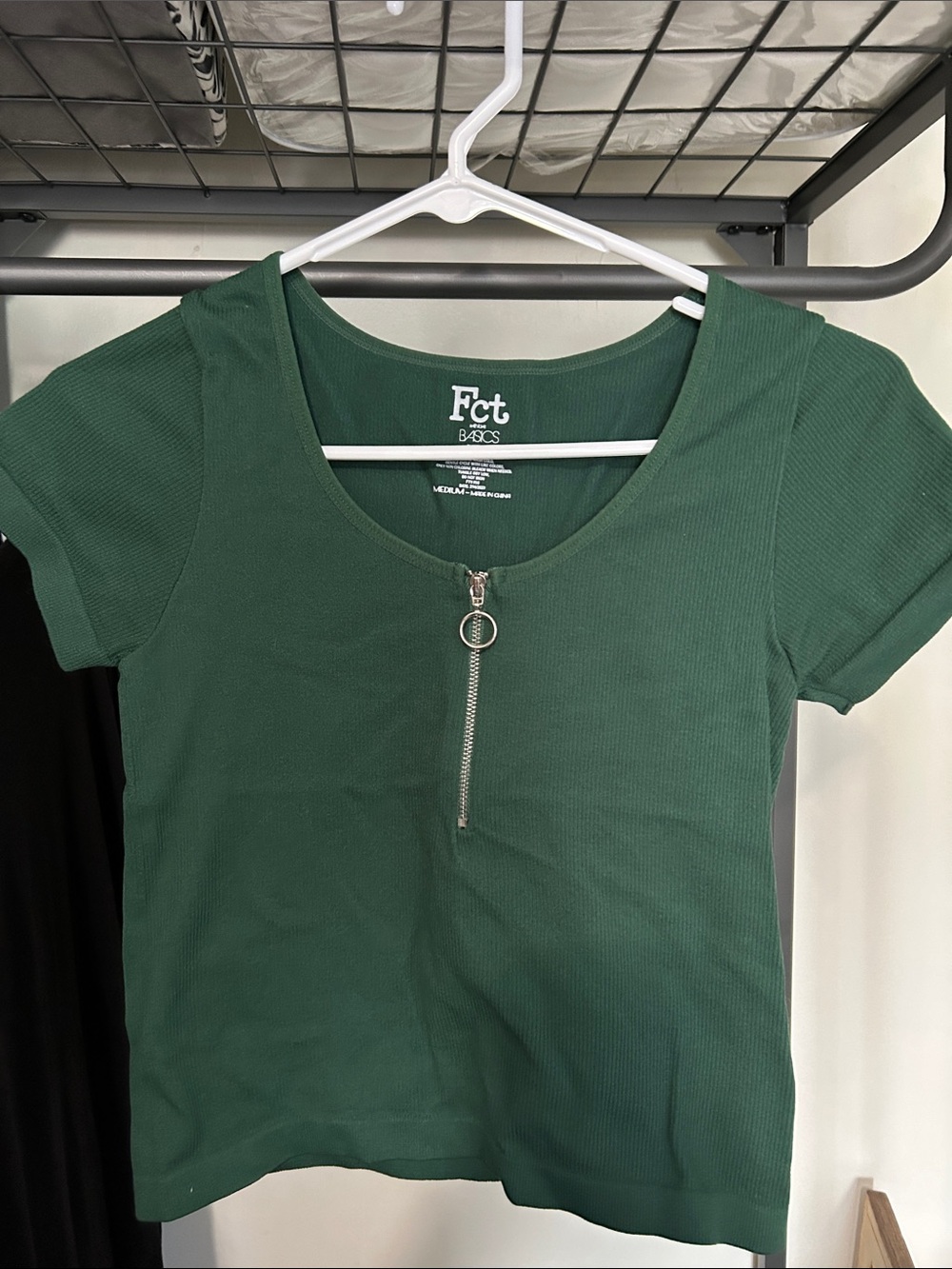 Fct Forest Green Ribbed Zip-Front Crop Tee